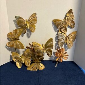Vtg Mid-Century Modern Brass & Copper Butterfly & Daisy Wall Art Decor 2 Pieces
